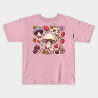 Vintage Cottagecore Mushrooms and Strawberries Kids T-Shirt